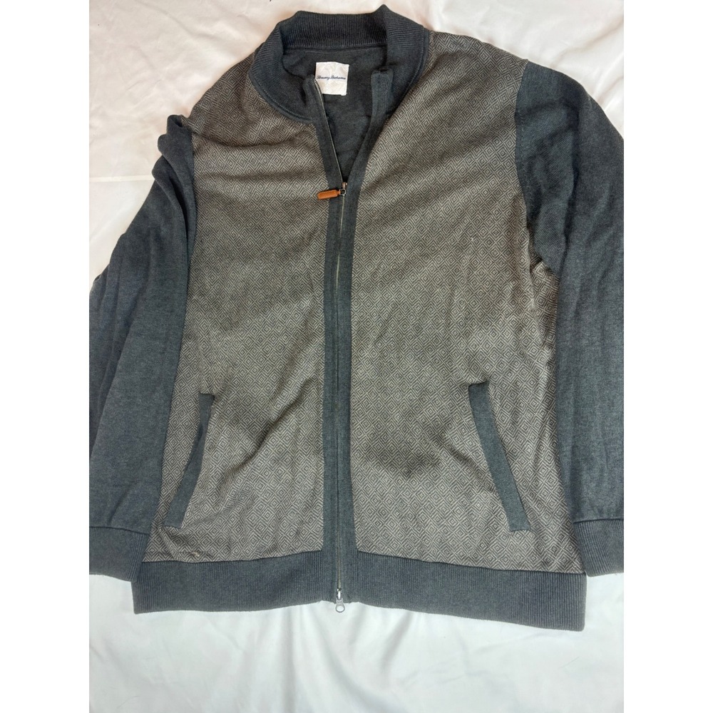 Tommy Bahama Mens XXL Full Zip Sweater Gray Diamond Geometric Mock Neck Jacket